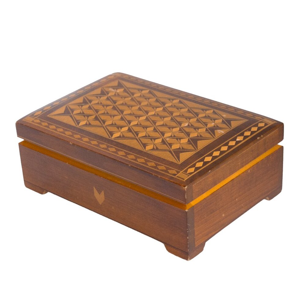 Vintage Decorative Inlaid Wood Box Geometric Pattern Mosaic Soviet Russia